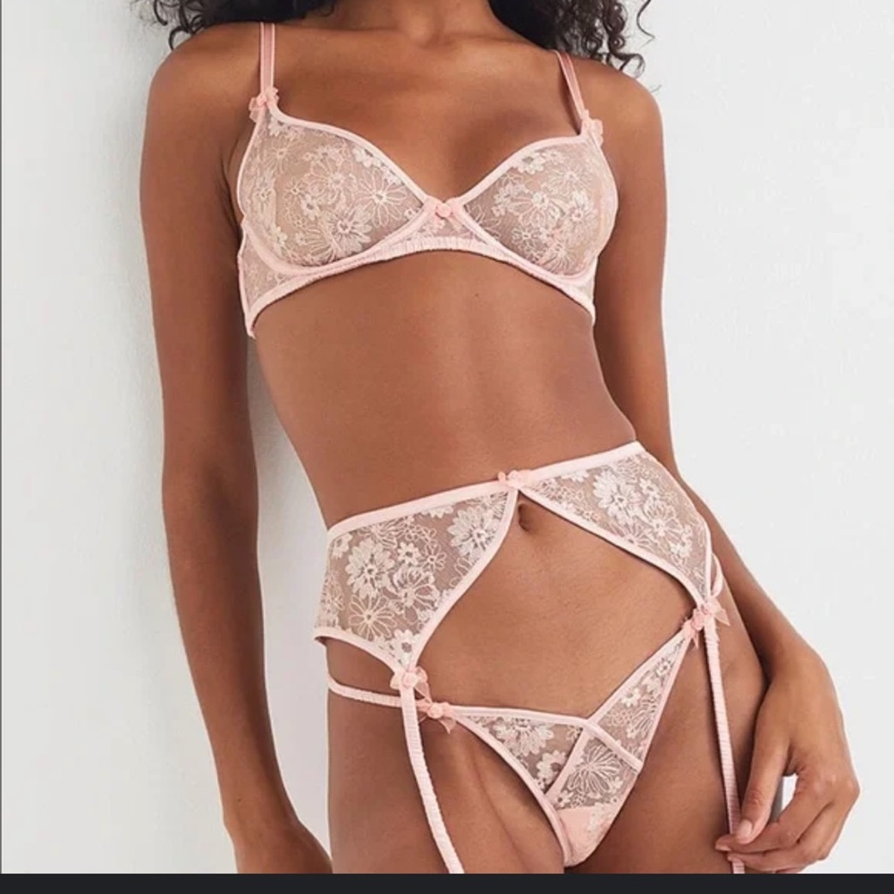 For Love & Lemons Delicate Floral Foil Bra, Garter, panty